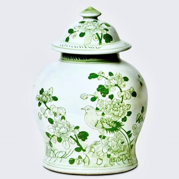Jar - Green Toile Bird  Flower Porcelain 9x13in