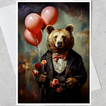 Greeting Card - Bear With Balloons & Roses