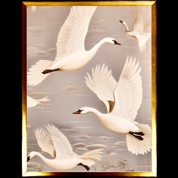 25W/31H Framed Glass Print - Flying Swans Gold Frame