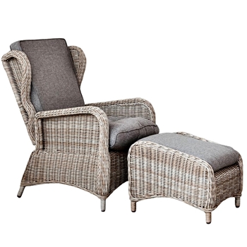 Outdoor Woven Reclining  Wing Lounge & Ottoman Faux Flax PVC Rattan 24x35x44H Otto 20x24x18in