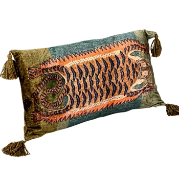 Cushion -  Verde Velvet Tiger With Corner Tassels 24x14in