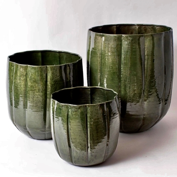 Planter Set of 3 - Green Enameled Metal Fluted  20-13in