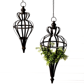 Lantern - Finial Shape with candle tray Black Iron Set of 2 25&18in