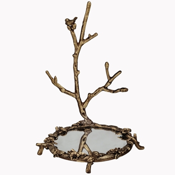 Jewelry Tree on Mirrored Tray Gold 5x9in