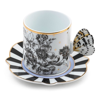 Butterfly Toile Mug & Saucer - Cermaic, Mug 12OZ 4.75W/3.25H, Saucer 6W