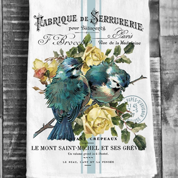Tea Towel - French Birds Roses 27in SQ