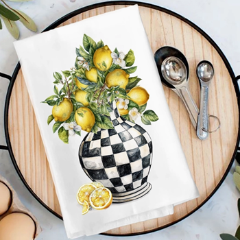 Tea Towel - Checkered Vase With Lemons 27in SQ