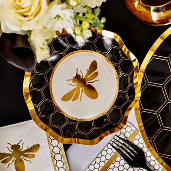Paper Plate - Bee 6.5in Desert - Black/Gold PK8