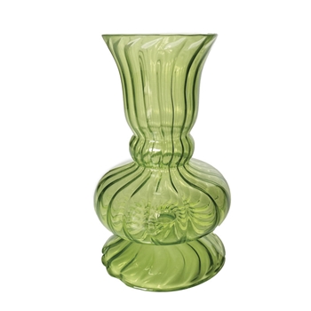 Vase - Green Ribbed Glass  4x6in