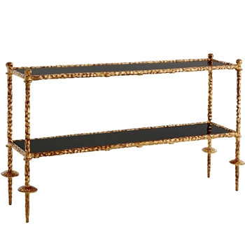 Console - Chiseled 60W/16D/34H Black/Gold.  Granite Stone top and shelf - removable for moving. Cast Iron frame with Gold leaf sealed finish.