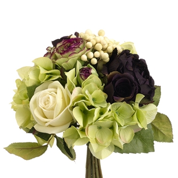 Hydrangea - Rose Kiwi Bouquet Aubergine 11in - FBQ380-GR/PL