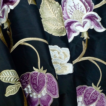 Silk Embroidered - Magnolia Black Amethyst - 100% Silk Dupioni, 54in, Repeat 30V x 25H, Dry Clean Only, Do not expose to sunlight. 
