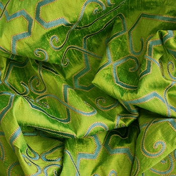 Silk Embroidered - Dauphine Peridot Sky - 54in, 100% Silk, 30in Vertical Repeat