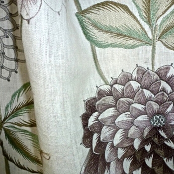 Embroidered Linen - Chrysanthemum Mocha Verde - 100% Linen, 54in, Repeat 25H x 30V. Dry Clean Only