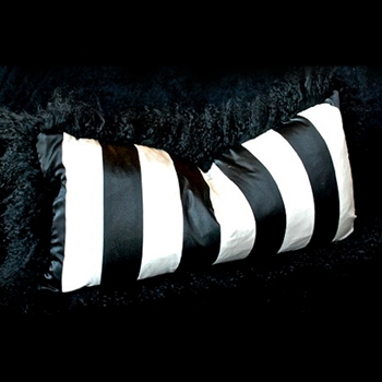 Tibet Fur Black with Black & Ivory 2IN Stripe Silk Cushion 24W/12H