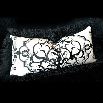 Tibet Fur Black with Black White Garden Gate Silk Toile Reverse Cushion 24W/12H