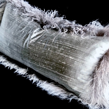 Tibet Fur Pebble with Dupioni Silver Silk Reverse Cushion 24W/12H