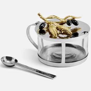 Aram Olive Branch Stainless Steel, Brass & Glass Jar W/Spoon Set 7OZ 5x4X3H 