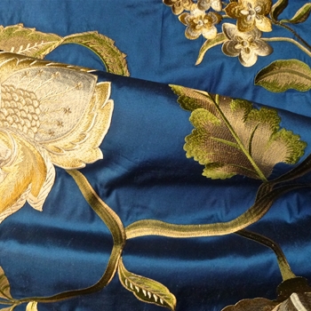 Silk Embroidered - Magnolia Lapis Bronze - 100% Silk Shantung, 54in, Repeat 30V x 25H, Dry Clean Only, Do not expose to sunlight. ung