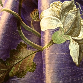 Silk Embroidered - Magnolia Violet Bronze - 100% Silk Dupioni, 54in, Repeat 30V x 25H, Dry Clean Only, Do not expose to sunlight. 