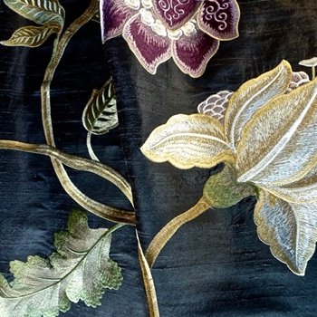 Silk Embroidered - Magnolia Sable Amethyst - 100% Silk Dupioni, 54in, Repeat 30V x 25H, Dry Clean Only, Do not expose to sunlight. Matching Solid 187705.