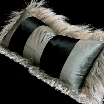 Tibet Fur Pebble and Taffeta Stripe Pewter Black Cushion 24x12