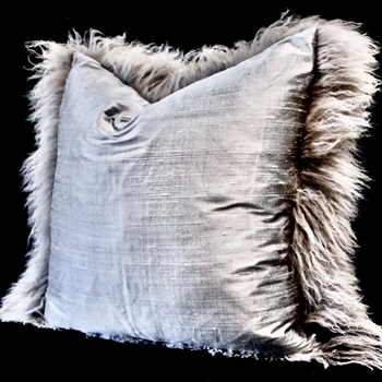 Tibet Fur Pebble with Dupioni Silver Silk Reverse Cushion 24W/24H Euro