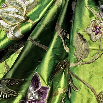 Silk Embroidered - Magnolia Peridot Amethyst - 100% Silk Dupioni, 54in, Repeat 30V x 25H, Dry Clean Only, Do not expose to sunlight.