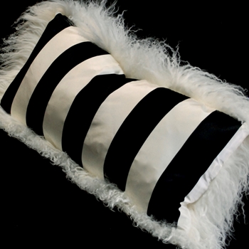 Tibet Fur Ivory with Black & White Taffeta 2in Stripe Silk Reverse Cushion 24X12