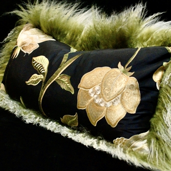 Tibet Fur Olive with Magnolia Black Bronze Silk Reverse Cushion 24W/12H