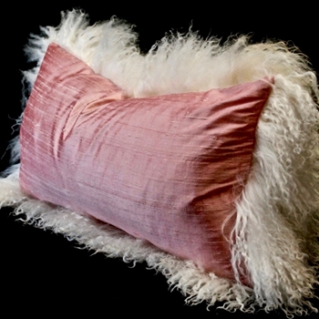 Tibet Fur Ivory with Dupioni Silk Blush Pink Reverse Cushion 24W/12H