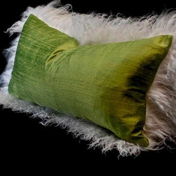 Tibet Fur Ivory with Dupioni Silk Peridot Reverse Cushion 24W/12H