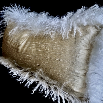 Tibet Fur Ivory with Dupioni Silk Sand Reverse Cushion 24W/12H