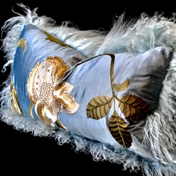Tibet Fur Ice with Sky Blue Silk Shantung Magnolia Bronze Reverse Cushion 24W/12H