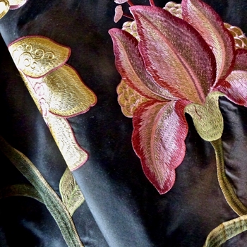 Silk Embroidered - Magnolia Peony Sable - 100% Silk Shantung, 54in, Repeat 30V x 25H, Dry Clean Only, Do not expose to sunlight.