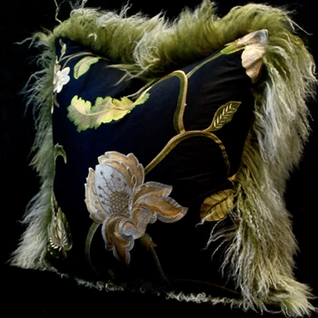 Tibet Fur Olive with Magnolia Black Bronze Embroidered Shantung Silk reverse Cushion 24SQin