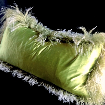 Tibet Fur Olive with Shantung Kiwi Silk Reverse Cushion 24W/12H