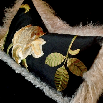 Tibet Fur Silver with Black Silk Shantung Embroidered Magnolia Bronze Reverse Cushion 24W/12H