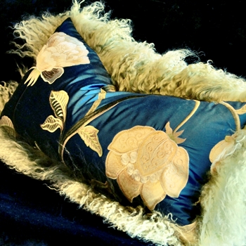 Tibet Fur Olive with Magnolia Lapis Bronze Shantung Silk Reverse Cushion 24W/12H