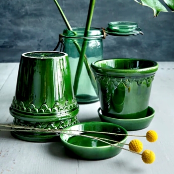 Castle Pot & Saucer Emerald Green Glazed Collection 7 Sizes - Bergs Potter Denmark - Made In Italy