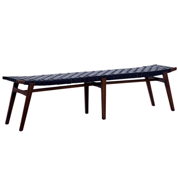 Bench - Camila - Teak Brown Stained Frame / Black Leather Weave Seat 74L/15D/18H