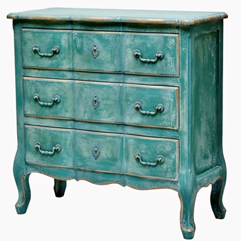 Chest - French 3 Drawer Vintage Turquoise & Gild 31W/13D/32H