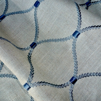 Embroidered Linen Blend - Deane Flax Storm Blue - 54in, 70% Rayon, 30% Linen, Repeat 4.25H x 6.5V