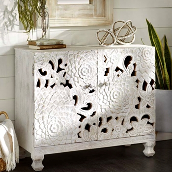 Chest - Dahlia Carved White 35W/16D/30H Hand Carved Solid Mango Wood - 1 Shelf, 100LB