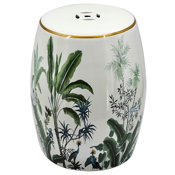 Accent Table - Garden Stool - Palm, Birds & Monkey Chintz Glazed Ceramic 13W/18H