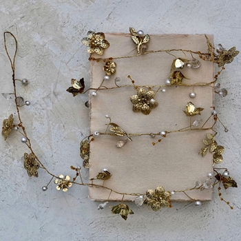 Garland - Whimsical Metal Flowers on Wire Gold & Pearl 72in