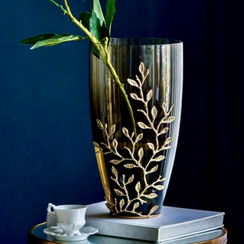 Vase - Capri Olive Glass with Gold Metal Leaf Cage 9x16in