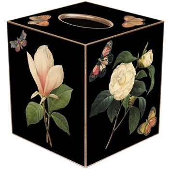 Tissue Box Cover 5in Cube - Decoupage Mache Magnolia Garden Black