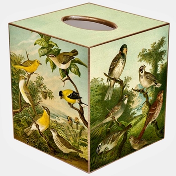 Tissue Box Cover 5in Cube - Decoupage Mache Yellow Birds Study