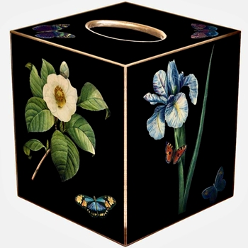 Tissue Box Cover 5in Cube - Decoupage Mache Iris Garden Black